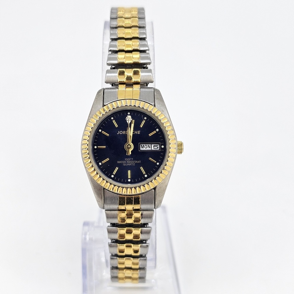 VTG Jordache‎ Women Watch 25MM Black Dial Day Date 6" Band New Battery READ